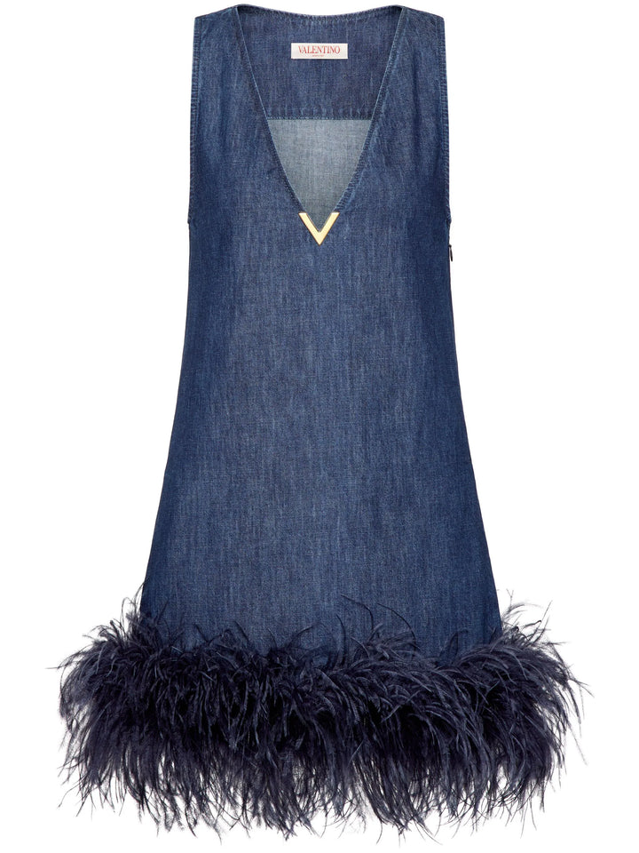 VALENTINO - ROBE EN DENIM A PLUMES